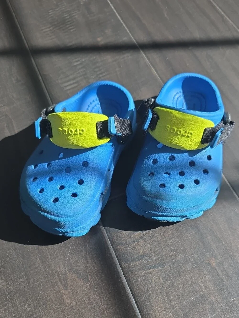 CROCS Blue Clog Sandals with Yellow Heel Strap